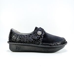 Alegria Dena EU 40 US 9.5 Black Carved Leather And Fabric Adjustable Strap Clogs